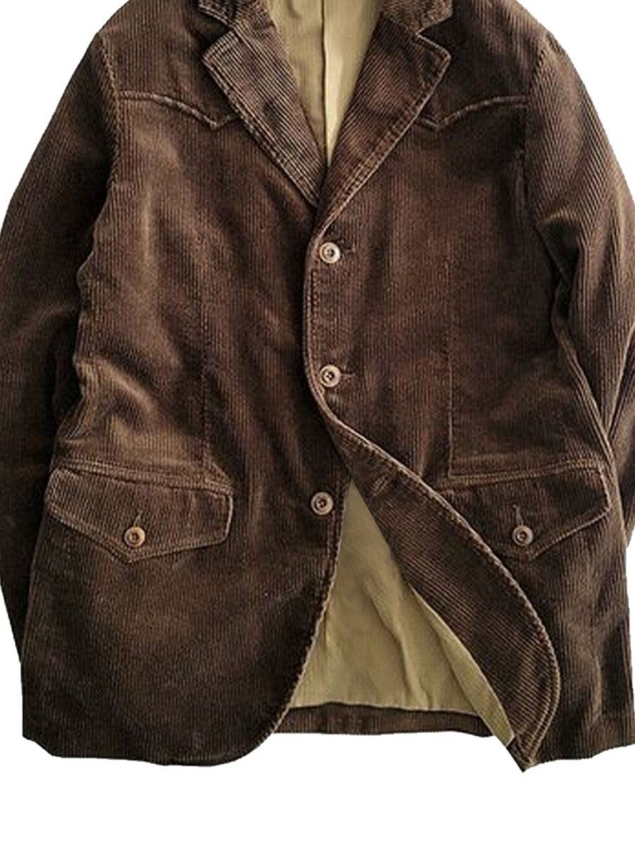 Men DJ Jacket | Vintage Corduroy Double-Pocket Lapel Single-Breasted Jacket Brown