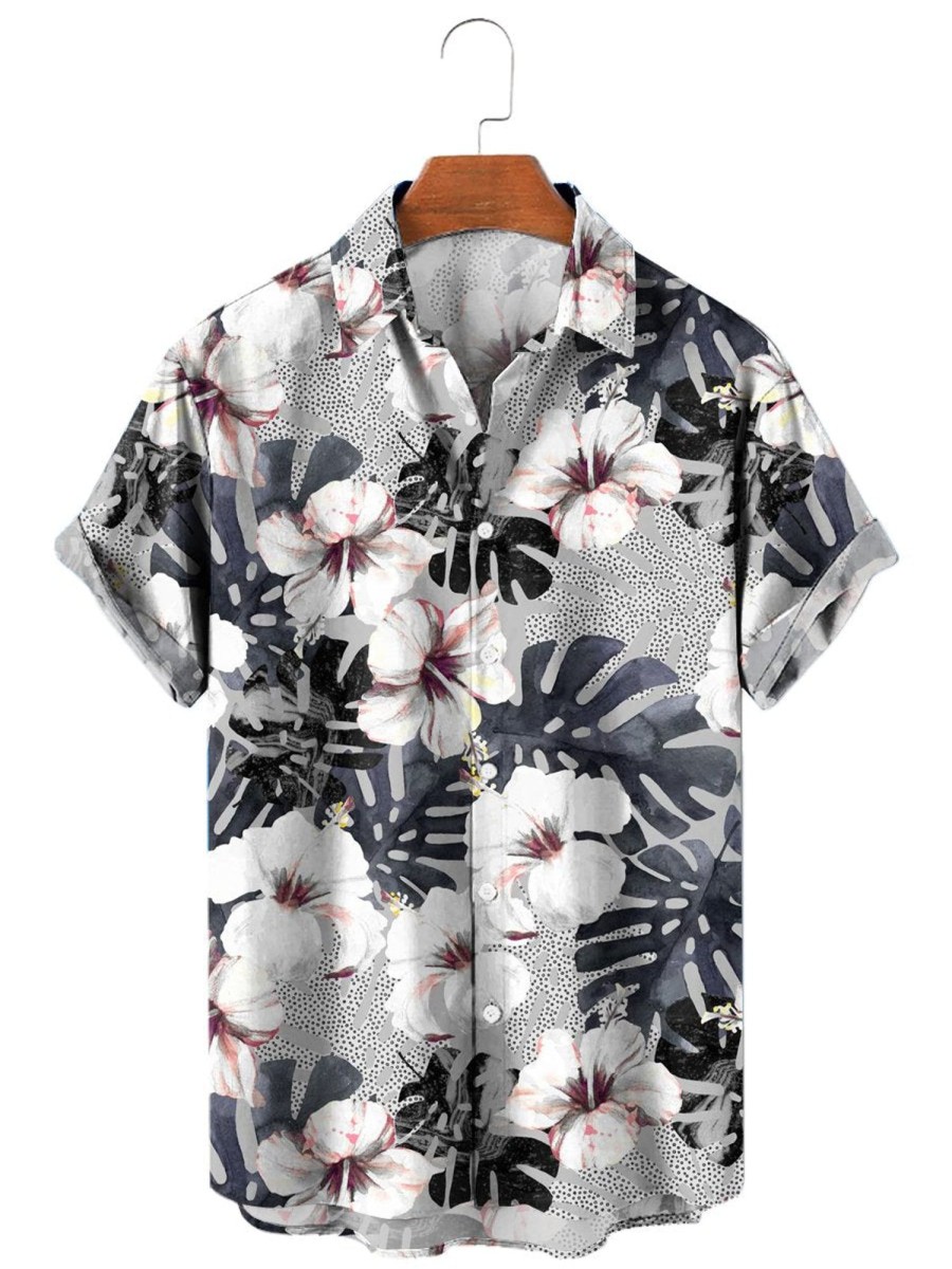 Men HLJ Shirts | Men'S Hawaiian Hibiscus Short Sleeve Shirt Grey