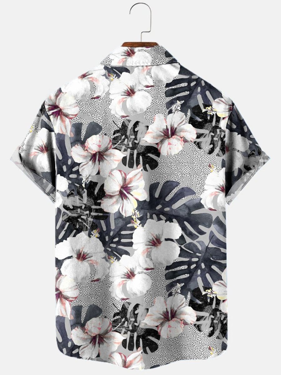 Men HLJ Shirts | Men'S Hawaiian Hibiscus Short Sleeve Shirt Grey