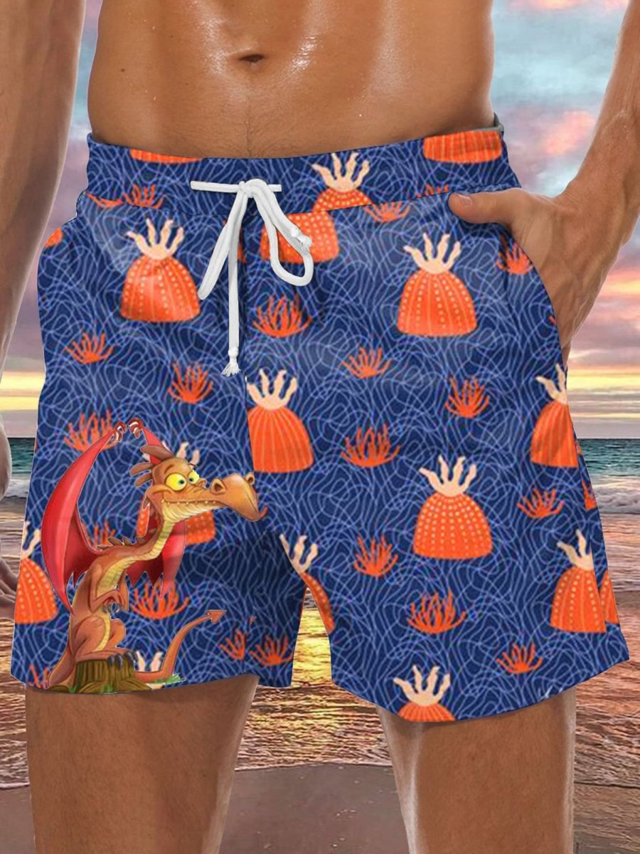 Men LJC Bottoms | Pumpkin Dinosaur Print Track Shorts Photo Color