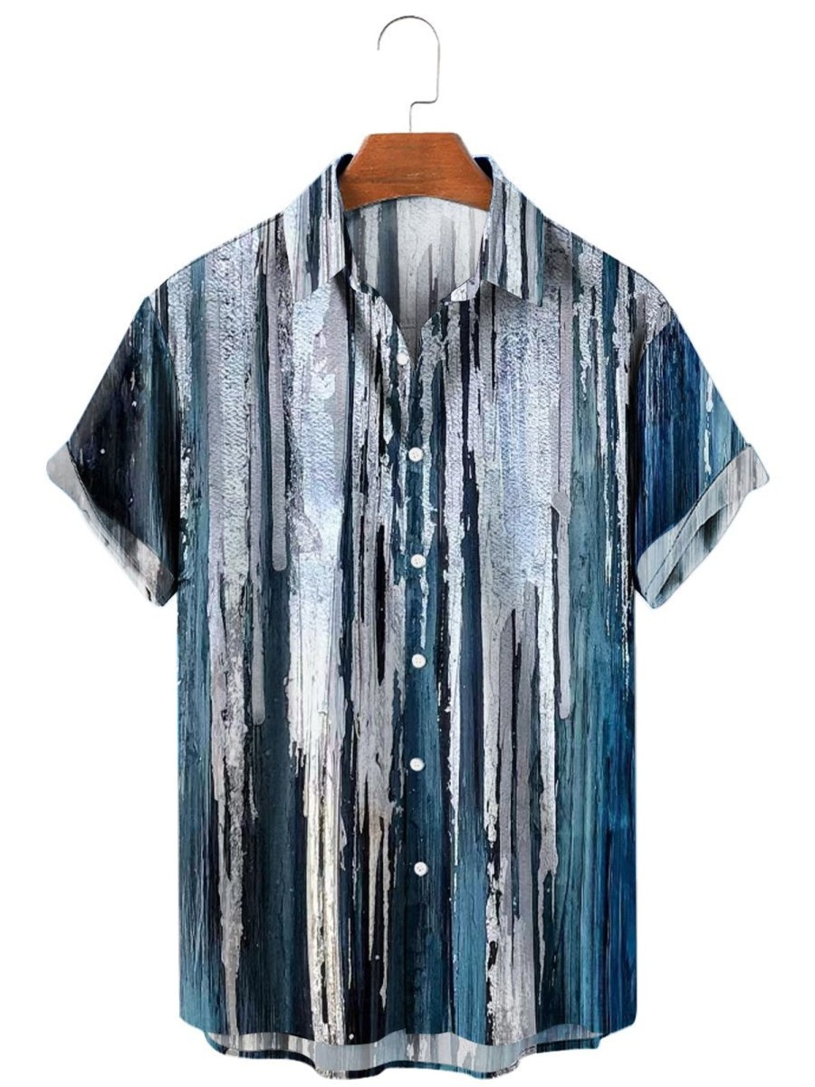 Men HLJ Shirts | Men'S Seaside Abstract Seascape Painting Short Sleeve Shirt Grey Blue