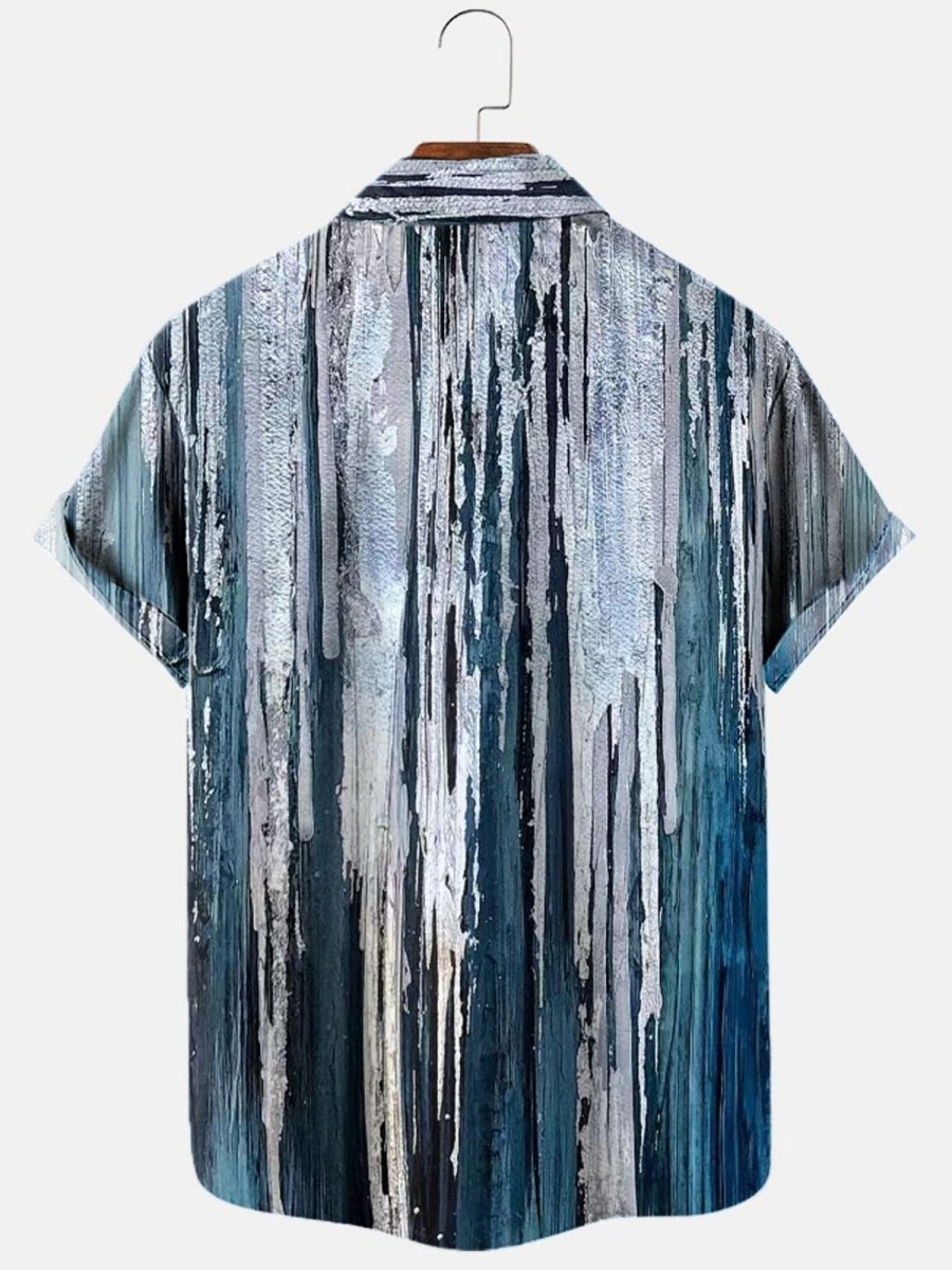 Men HLJ Shirts | Men'S Seaside Abstract Seascape Painting Short Sleeve Shirt Grey Blue