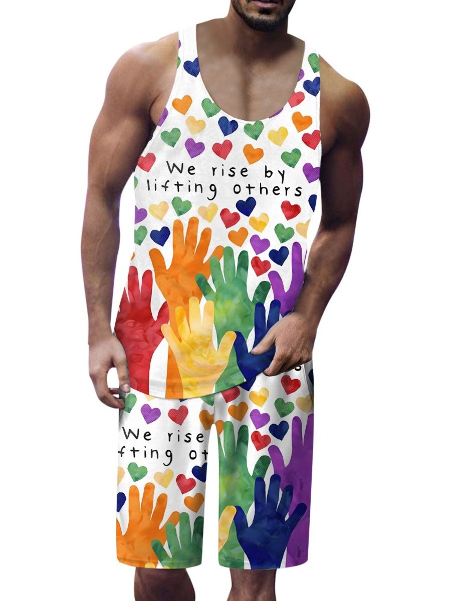 Men DJ Set | Fun Lgbt Print Round Neck Tank Top And Shorts Two-Piece Set Photo Color