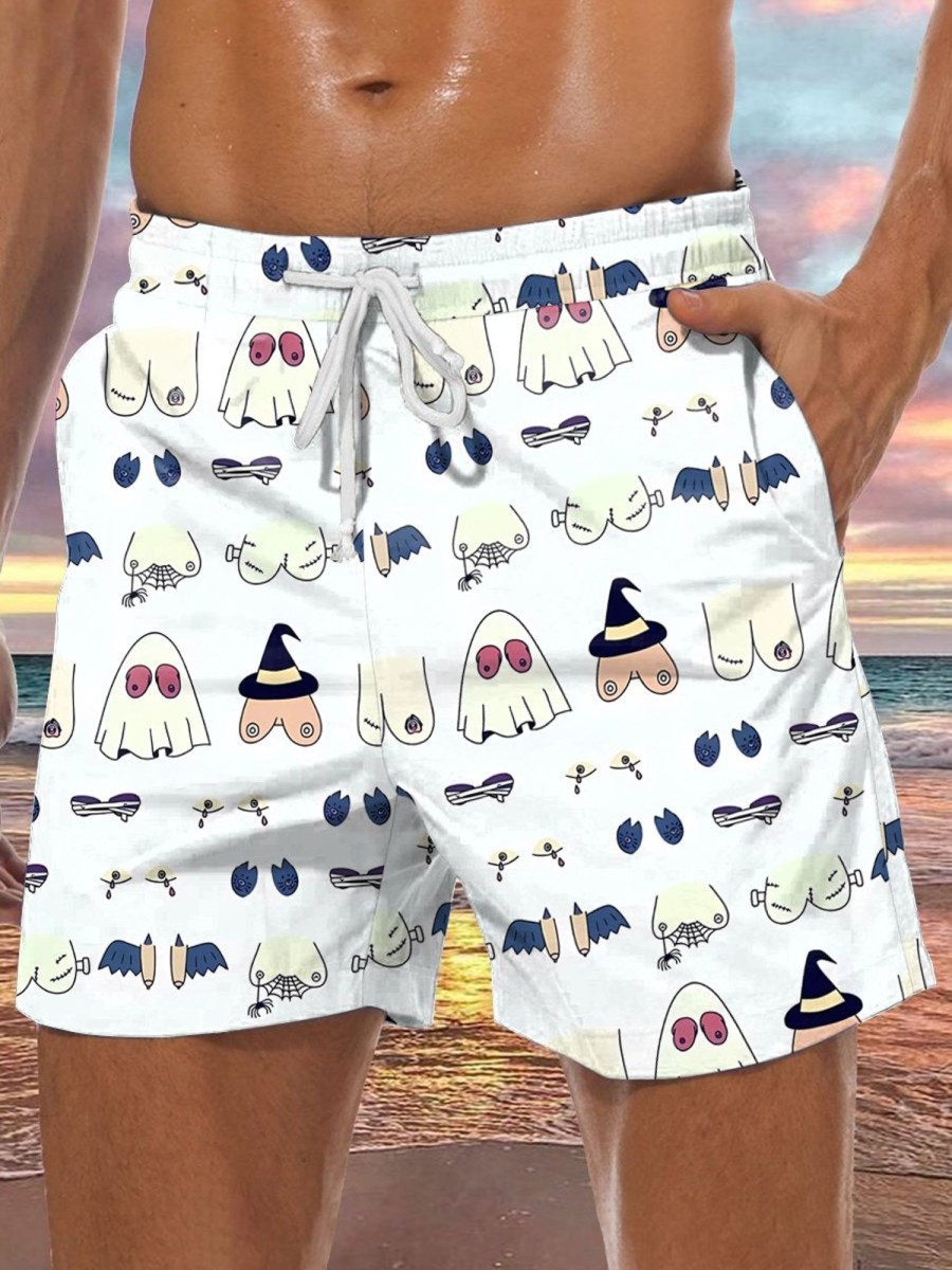 Men DJ Shorts | Fun Halloween Boobs Print Casual Pocket Shorts