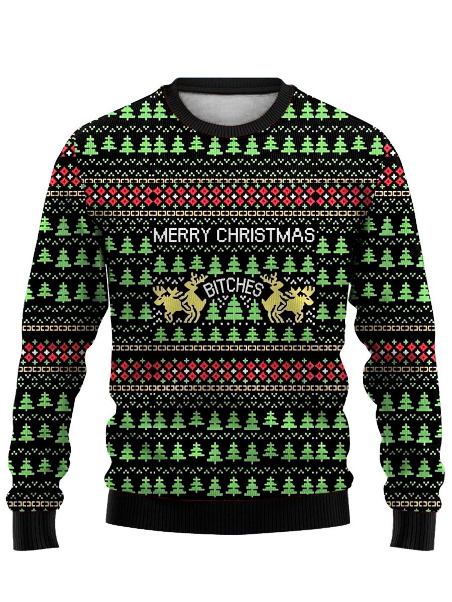 Men DJ Ugly Sweater | Christmas Moose Print Crewneck Sweater Photo Color