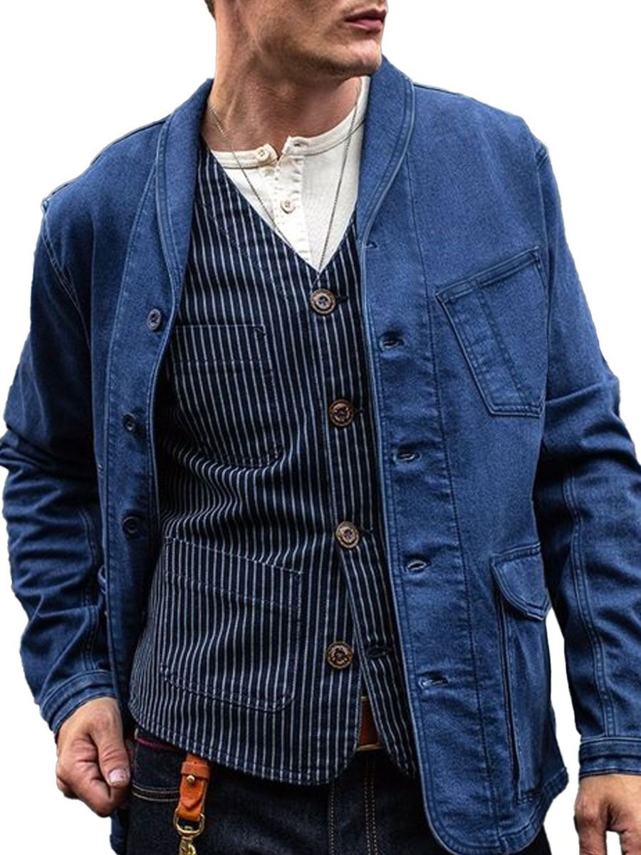 Men BXL Jacket | Retro Multi-Pocket Lapel Solid Cotton Casual Blazer Blue