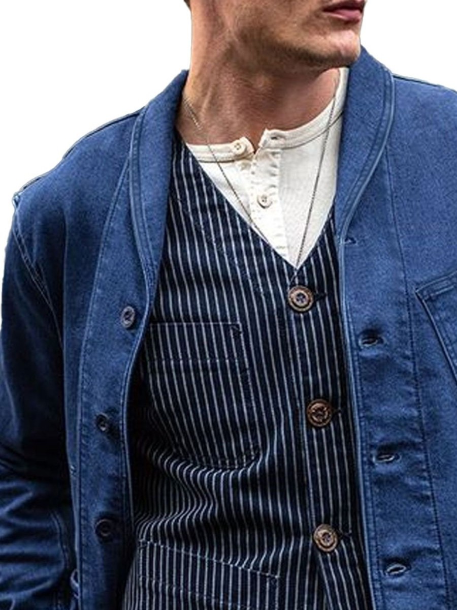 Men BXL Jacket | Retro Multi-Pocket Lapel Solid Cotton Casual Blazer Blue