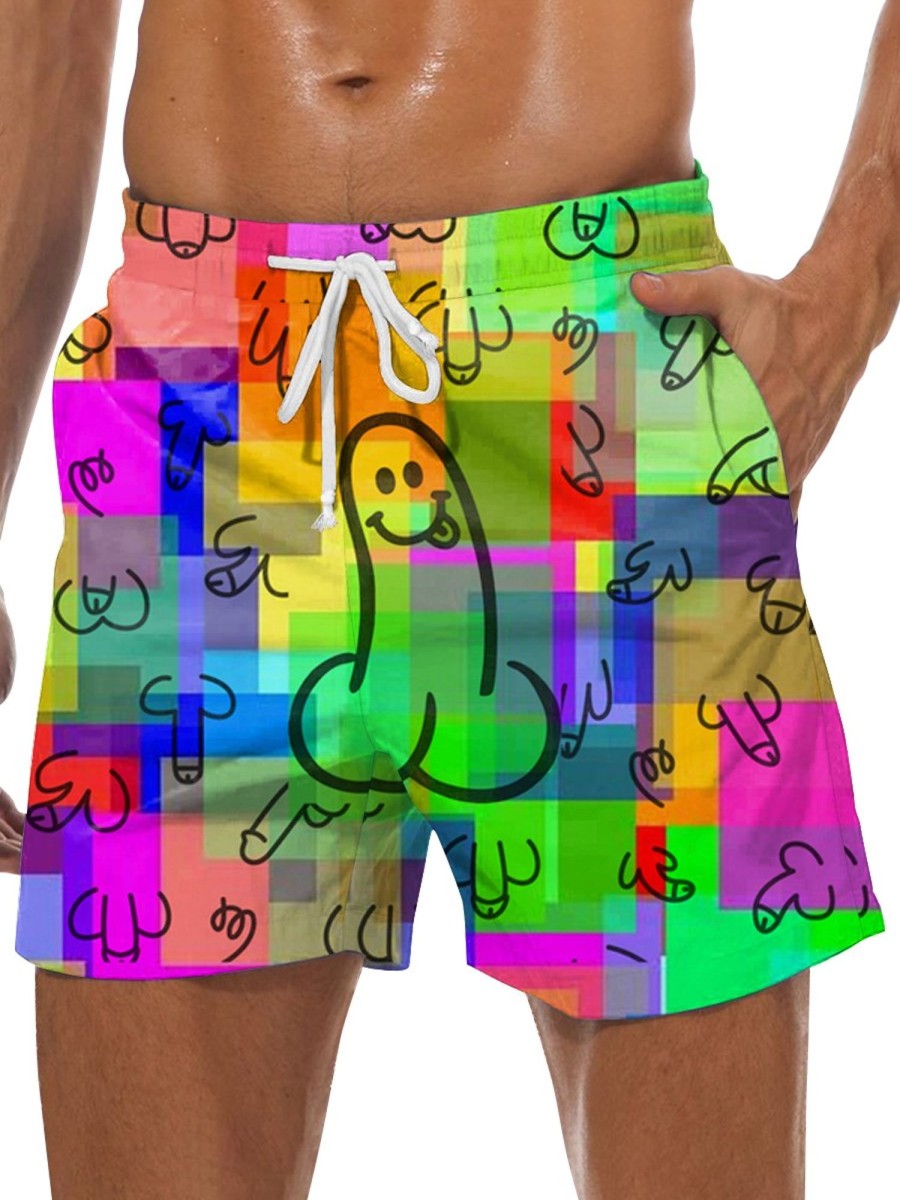 Men DJ Shorts | Colorful Check And Cocks Print Pocket Track Shorts Photo Color