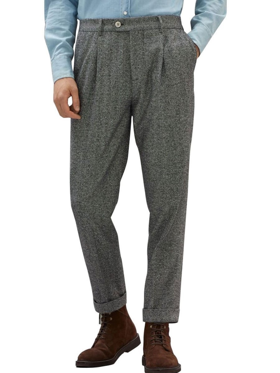 Men BXL Bottoms | Men'S Retro Woolen Herringbone Elastic Waist Casual Suit Pants Dark Gray