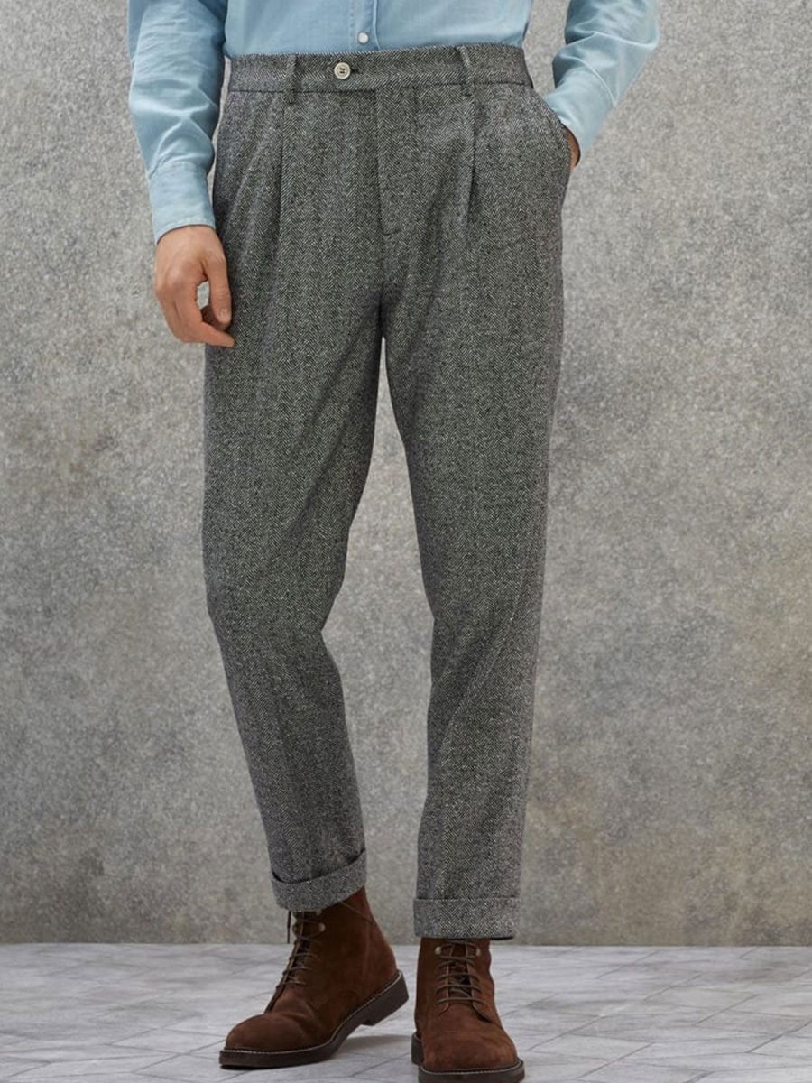 Men BXL Bottoms | Men'S Retro Woolen Herringbone Elastic Waist Casual Suit Pants Dark Gray