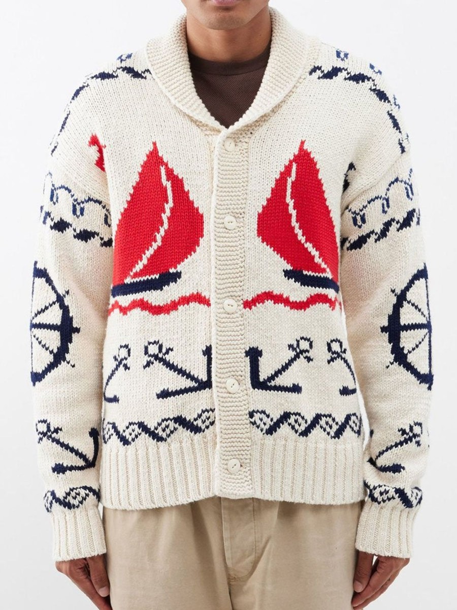 Men DJ Cardigan | Retro Sailing Anchor Jacquard Lapel Knitted Cardigan White