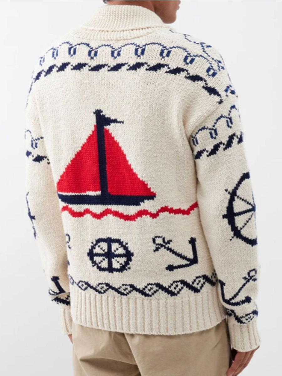 Men DJ Cardigan | Retro Sailing Anchor Jacquard Lapel Knitted Cardigan White