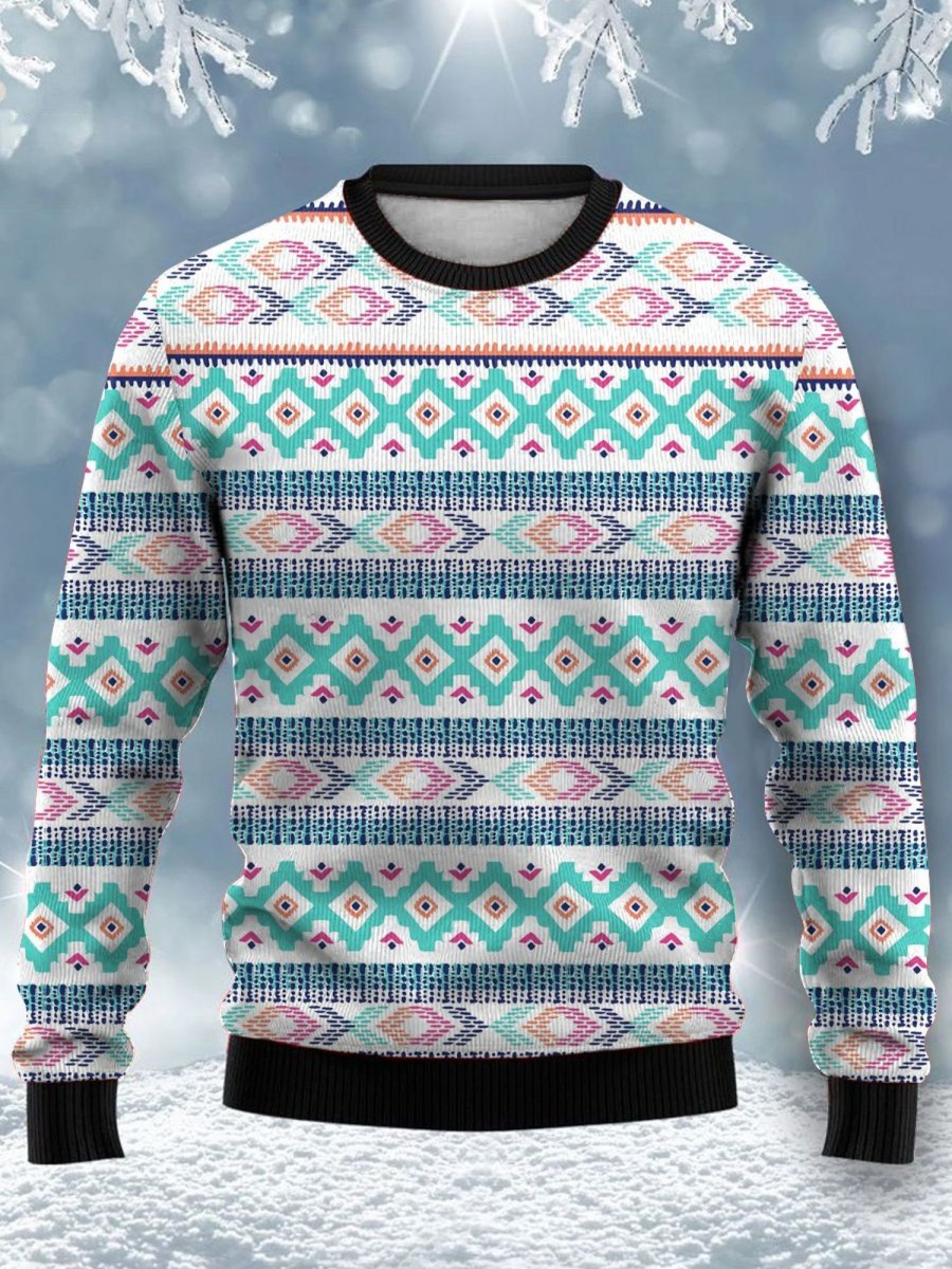 Men GYJ Ugly Sweater | Graphic Print Casual Crew Neck Sweatshirt White