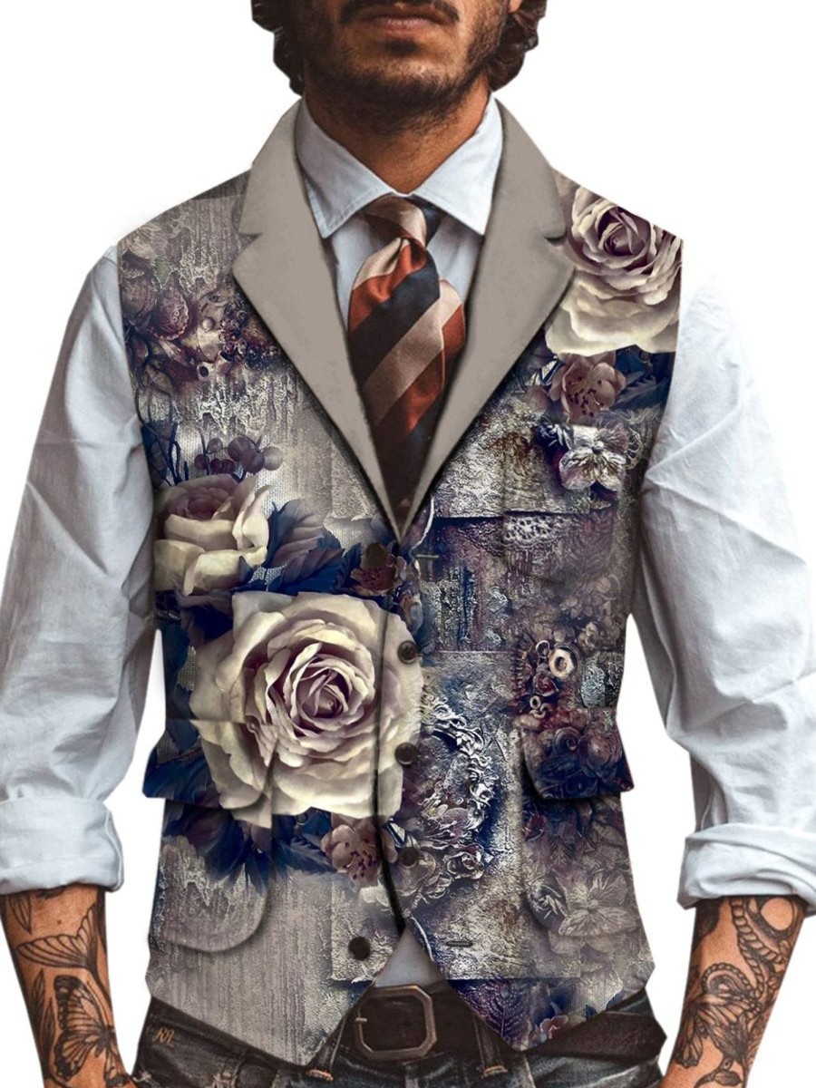 Men QMY Vest | Retro Floral Wood Grain Print Three Pocket Vest Photo Color