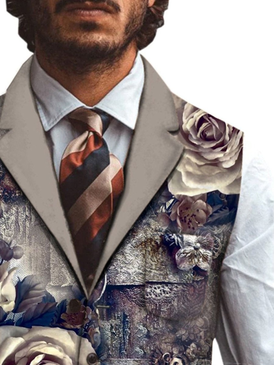 Men QMY Vest | Retro Floral Wood Grain Print Three Pocket Vest Photo Color