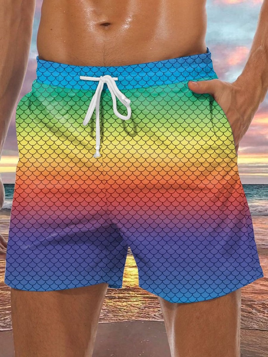 Men DJ Shorts | Rainbow Fishscale Print Two-Pocket Lace-Up Shorts Photo Color