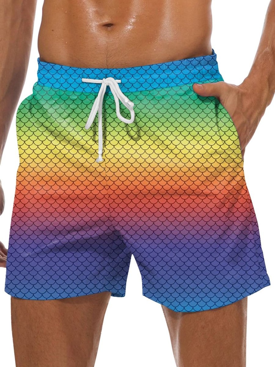 Men DJ Shorts | Rainbow Fishscale Print Two-Pocket Lace-Up Shorts Photo Color