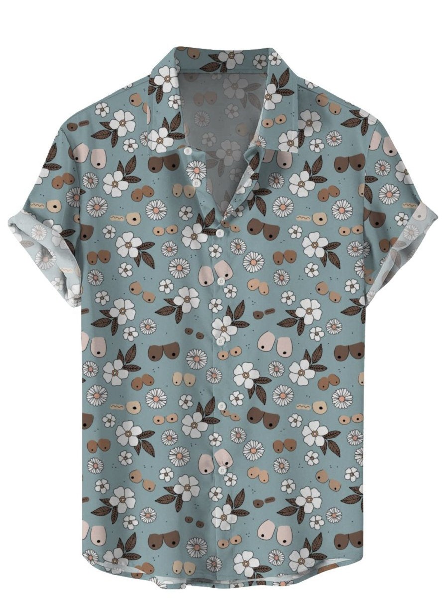 Men HLJ Shirts | All The Boobs Are Beautiful Floral Print Short Sleeve Shirt Gray Blue