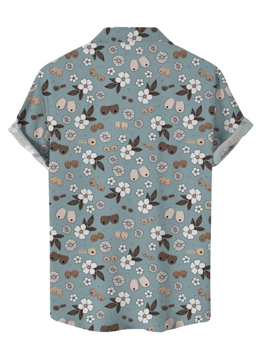 Men HLJ Shirts | All The Boobs Are Beautiful Floral Print Short Sleeve Shirt Gray Blue