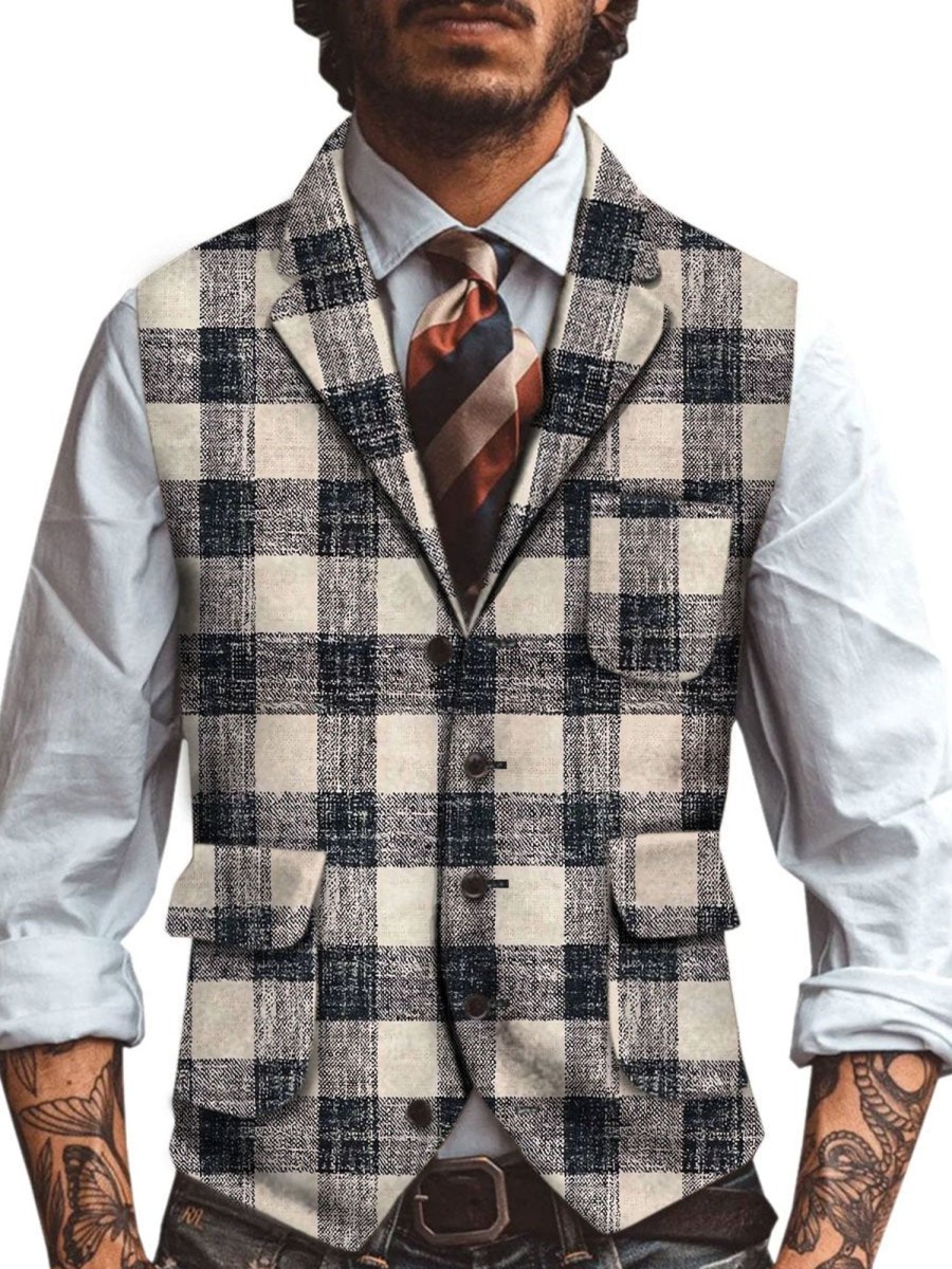 Men DJ Vest | Vintage Plaid Printed Three-Pocket Lapel Casual Vest Photo Color