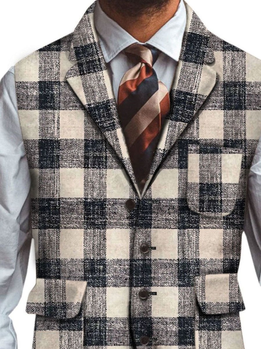 Men DJ Vest | Vintage Plaid Printed Three-Pocket Lapel Casual Vest Photo Color