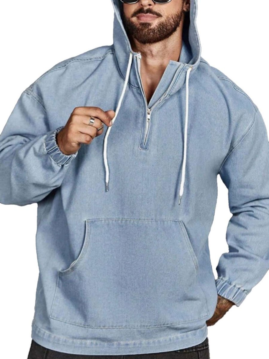 Men TH Casual Hoodie | Men'S Half Zip Drawstring Denim Sweatshirt Blue