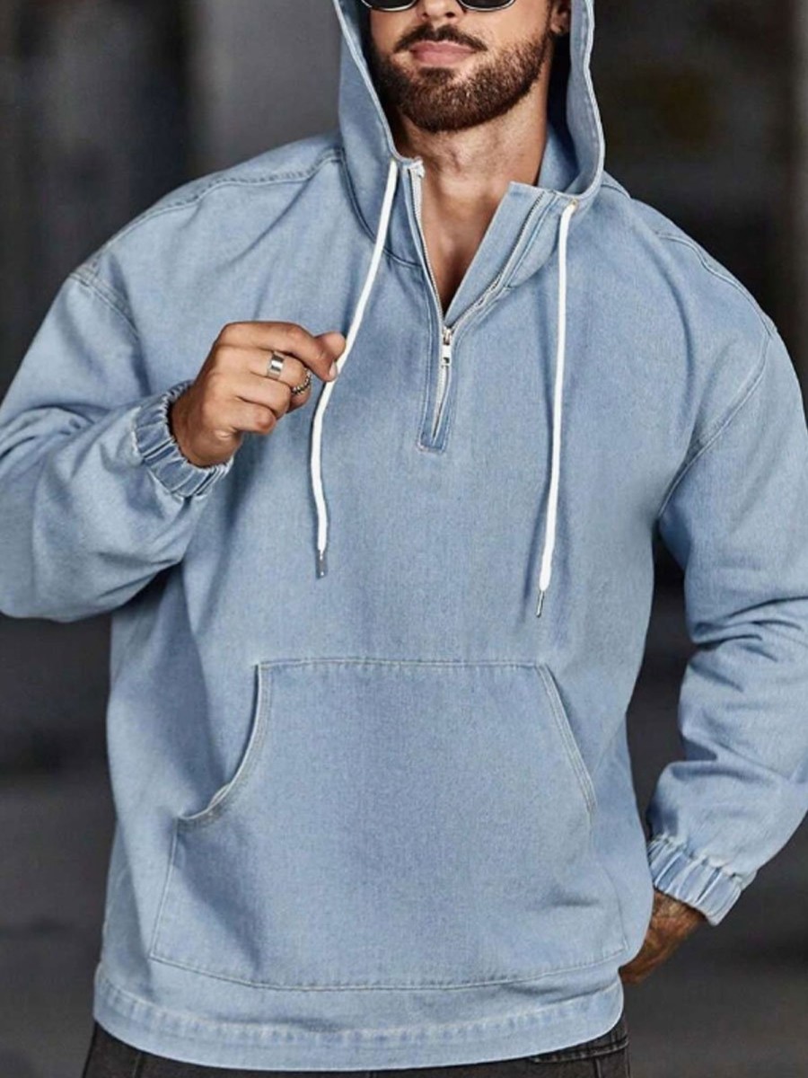 Men TH Casual Hoodie | Men'S Half Zip Drawstring Denim Sweatshirt Blue