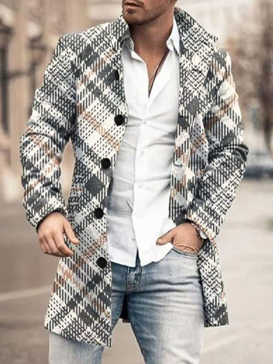 Men DJ Print Jacket | Retro Plaid Stand-Collar Single-Breasted Printed Double-Pocket Wool Coat Photo Color