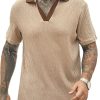 Men DJ Casual Short Sleeve Shirts | Contrast Color V-Neck Textured Casual Short-Sleeved T-Shirt Khaki