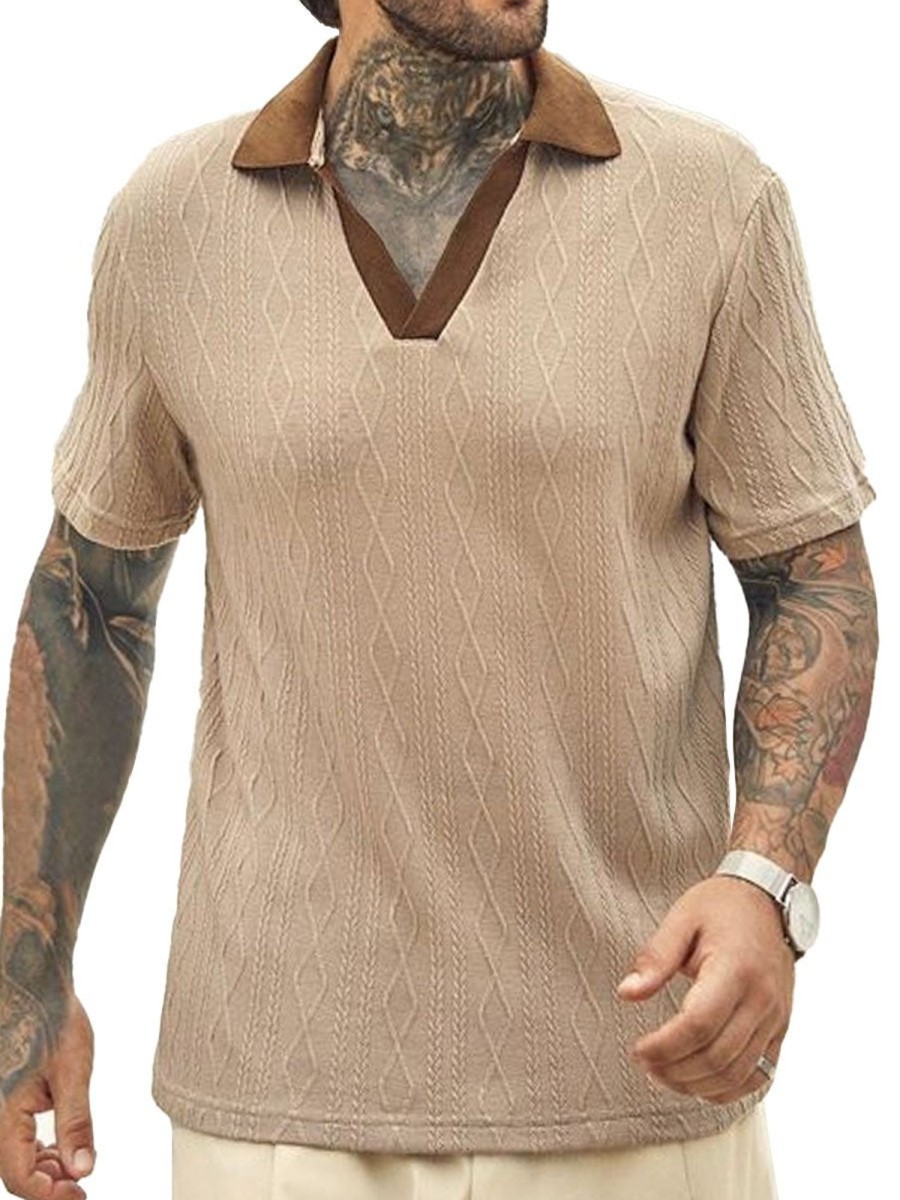 Men DJ Casual Short Sleeve Shirts | Contrast Color V-Neck Textured Casual Short-Sleeved T-Shirt Khaki