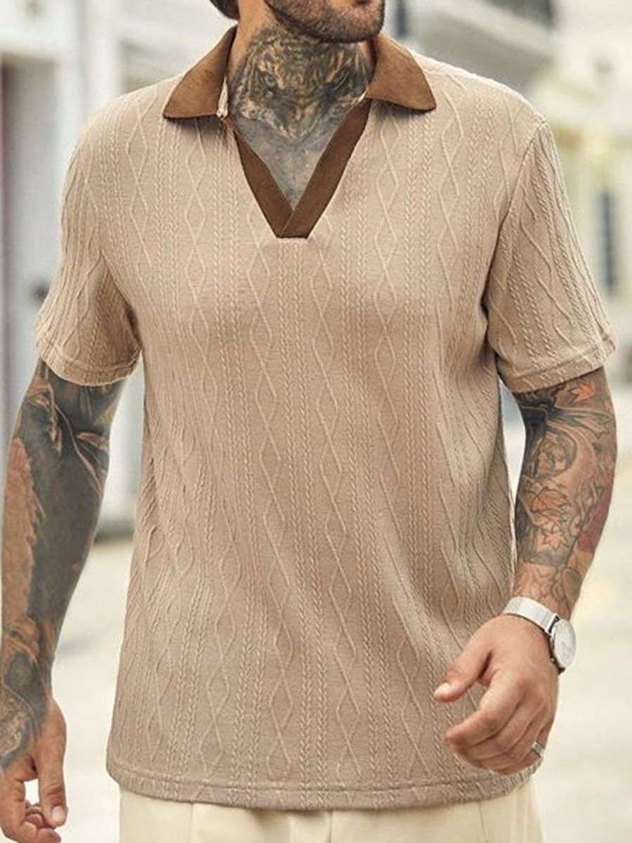 Men DJ Casual Short Sleeve Shirts | Contrast Color V-Neck Textured Casual Short-Sleeved T-Shirt Khaki