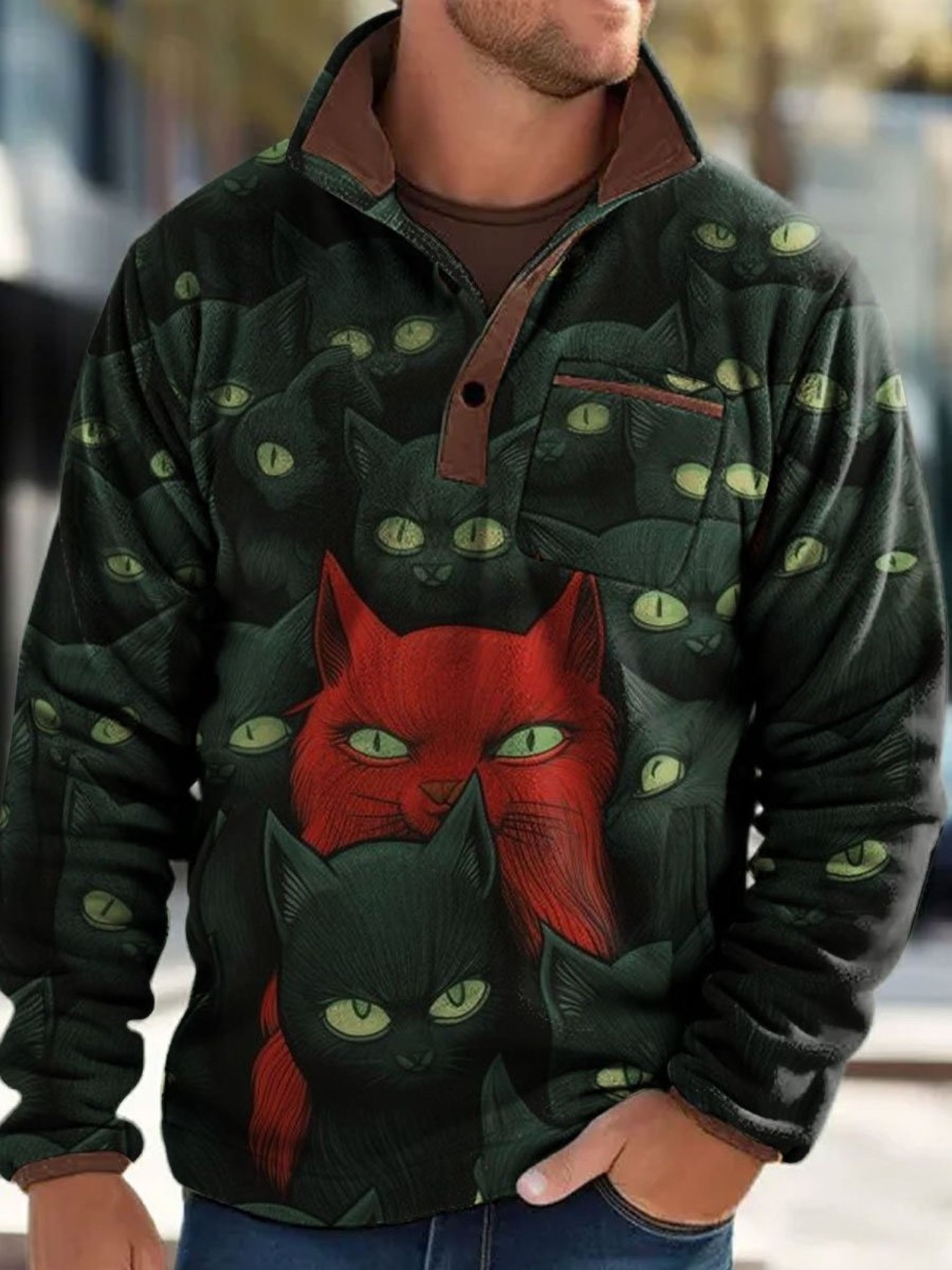 Men BXL T-Shirts | Men'S Casual Fun Animal Cat Print Fleece Pocket Polo Sweatshirt Photo Color