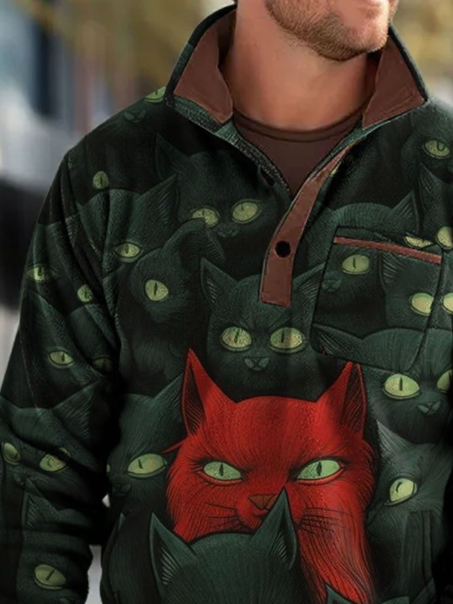 Men BXL T-Shirts | Men'S Casual Fun Animal Cat Print Fleece Pocket Polo Sweatshirt Photo Color