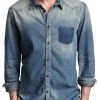 Men DJ Casual Shirts | Vintage Single Breasted Casual Denim Long Sleeve Shirt Blue