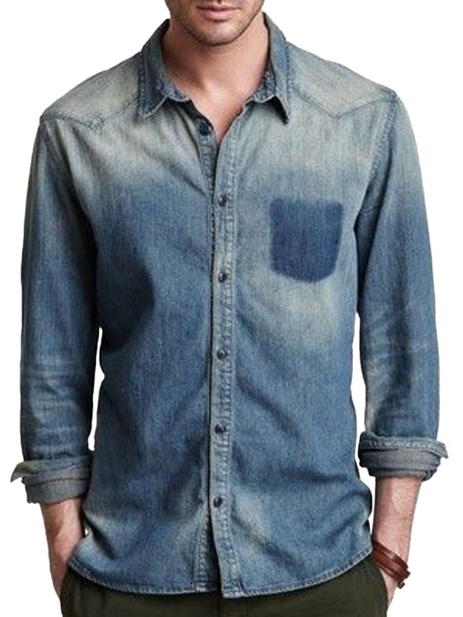 Men DJ Casual Shirts | Vintage Single Breasted Casual Denim Long Sleeve Shirt Blue