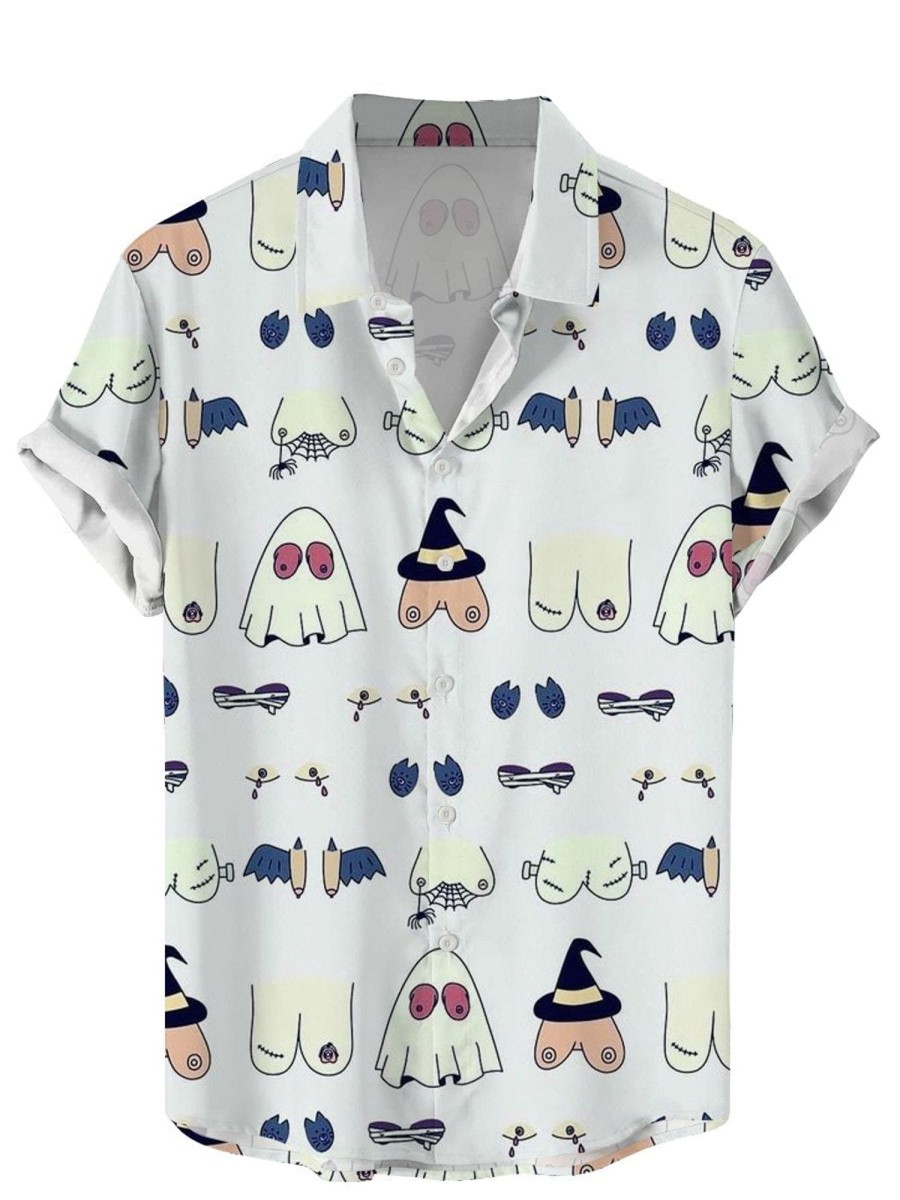 Men DJ Shirts | Boobs Halloween Print Casual Hawaiian Short Sleeve Shirt