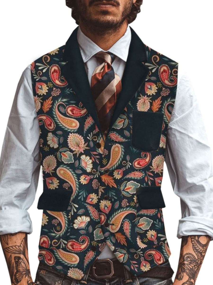 Men DJ Vest | Retro Cashew Flower Print Lapel Three-Pocket Casual Vest Photo Color