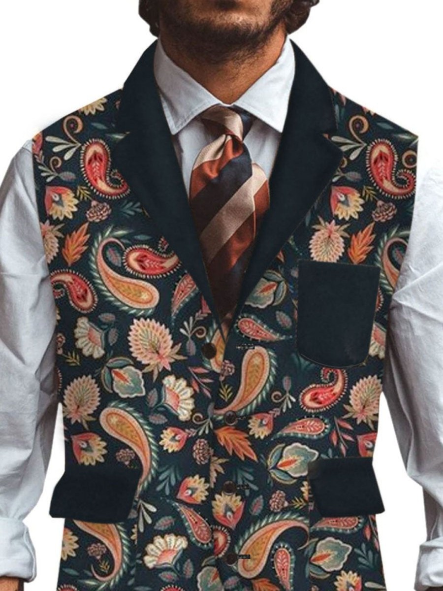 Men DJ Vest | Retro Cashew Flower Print Lapel Three-Pocket Casual Vest Photo Color