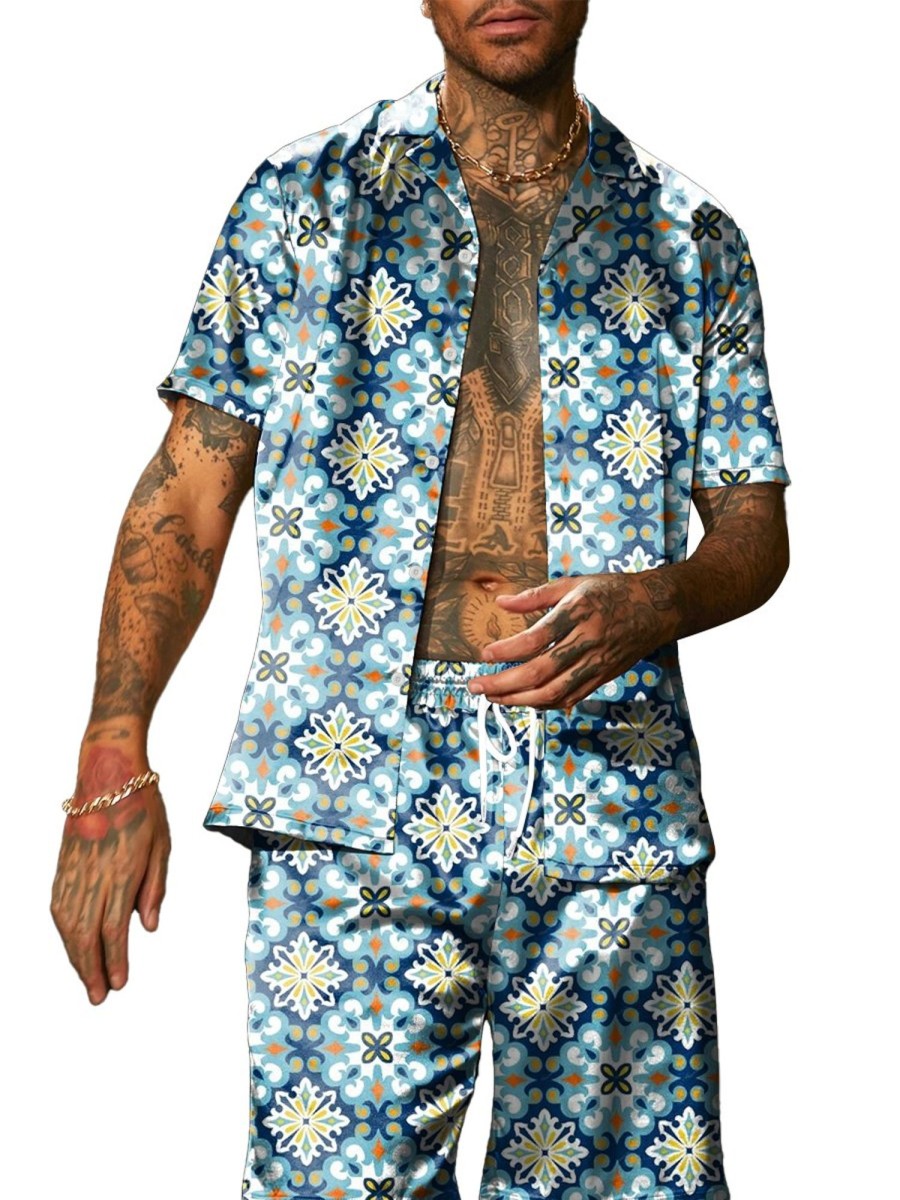 Men DJ Set | Vintage Geometric Print Short-Sleeved Shirt And Shorts Two-Piece Set Blue