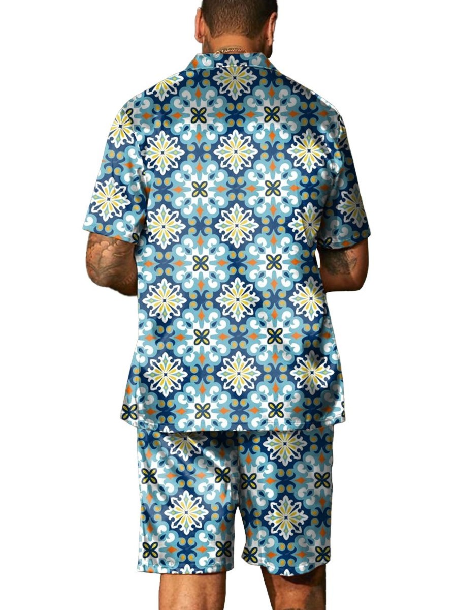 Men DJ Set | Vintage Geometric Print Short-Sleeved Shirt And Shorts Two-Piece Set Blue