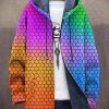 Men DJ Jacket | Vintage Rainbow Geometric Print Hooded Two-Pocket Fleece Jacket Photo Color