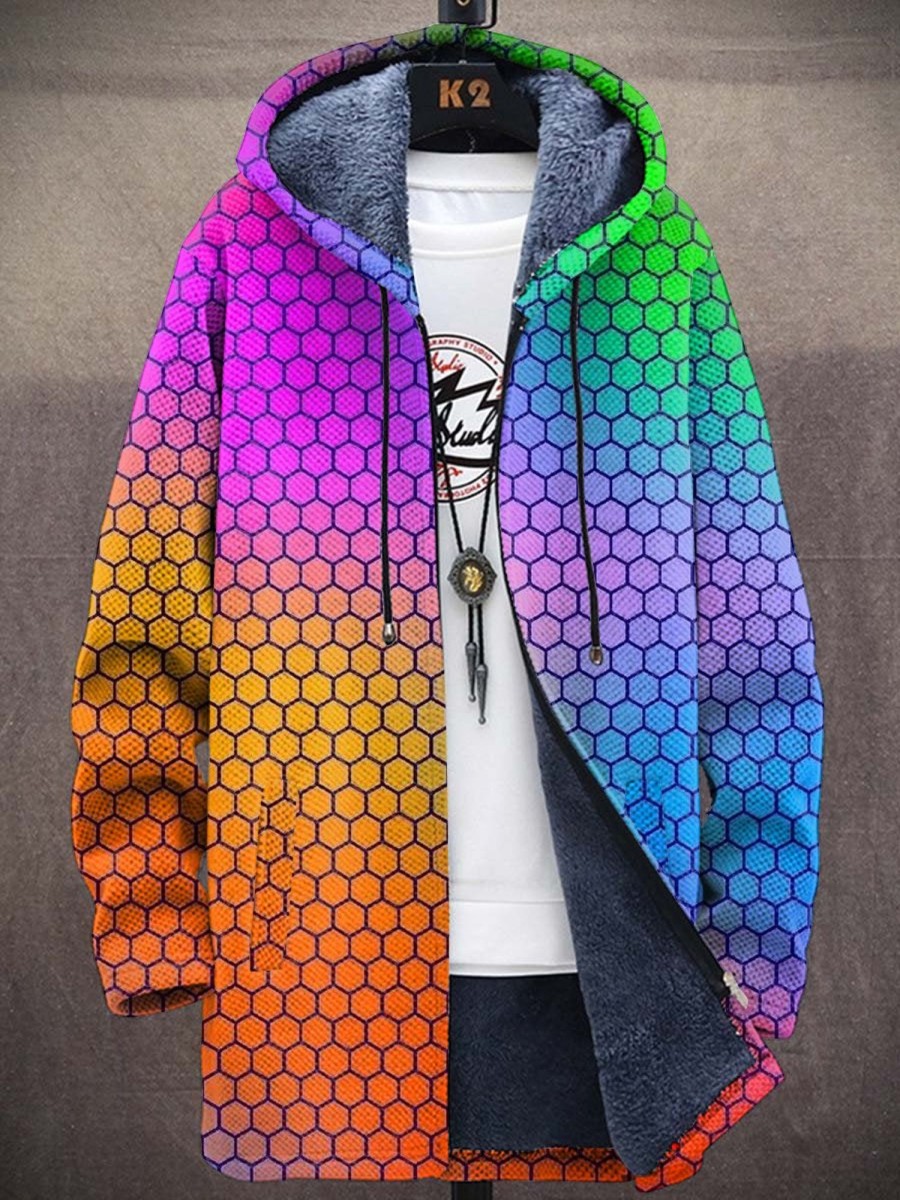 Men DJ Jacket | Vintage Rainbow Geometric Print Hooded Two-Pocket Fleece Jacket Photo Color