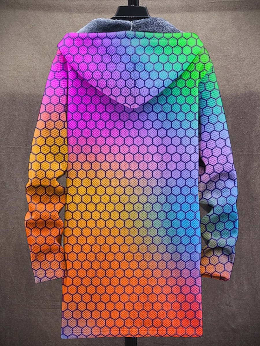 Men DJ Jacket | Vintage Rainbow Geometric Print Hooded Two-Pocket Fleece Jacket Photo Color