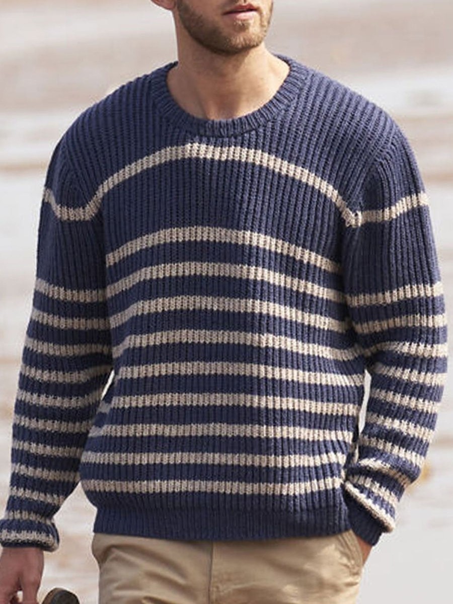 Men DJ Sweater | Crew Neck Striped Knit Casual Pullover Photo Color