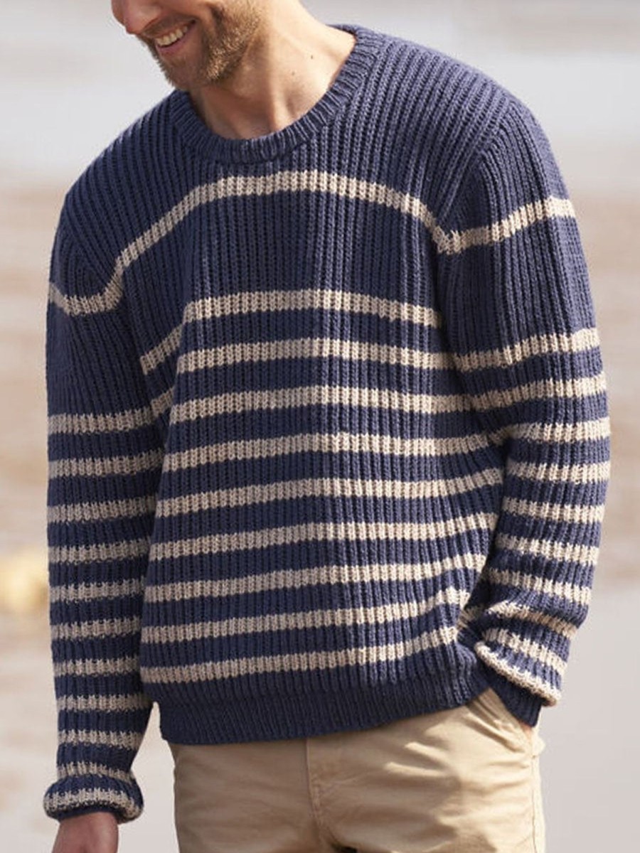 Men DJ Sweater | Crew Neck Striped Knit Casual Pullover Photo Color