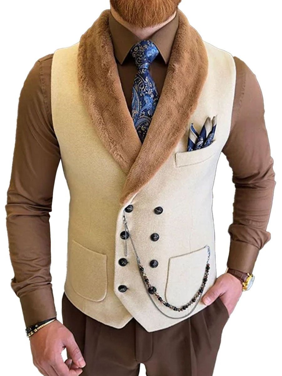 Men DJ Vest | Plush Shawl Lapel Double Breasted Chest Pocket Vest Beige