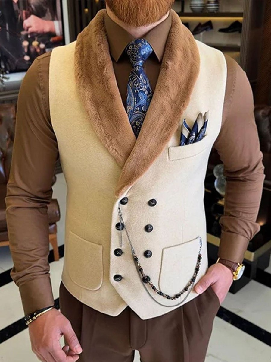 Men DJ Vest | Plush Shawl Lapel Double Breasted Chest Pocket Vest Beige