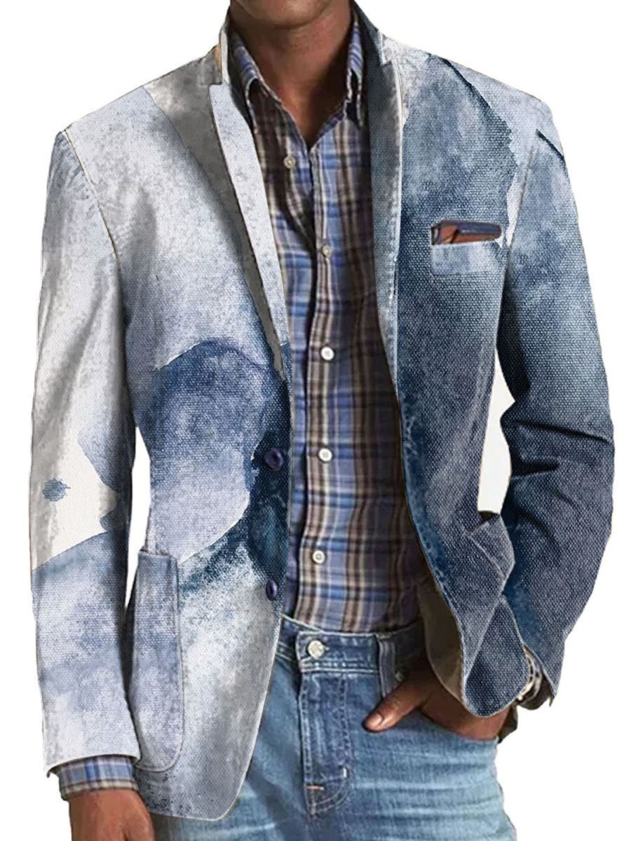 Men BXL Print Jacket | Men'S Retro Ink Gradient Print Casual Lapel Blazer Navy Blue