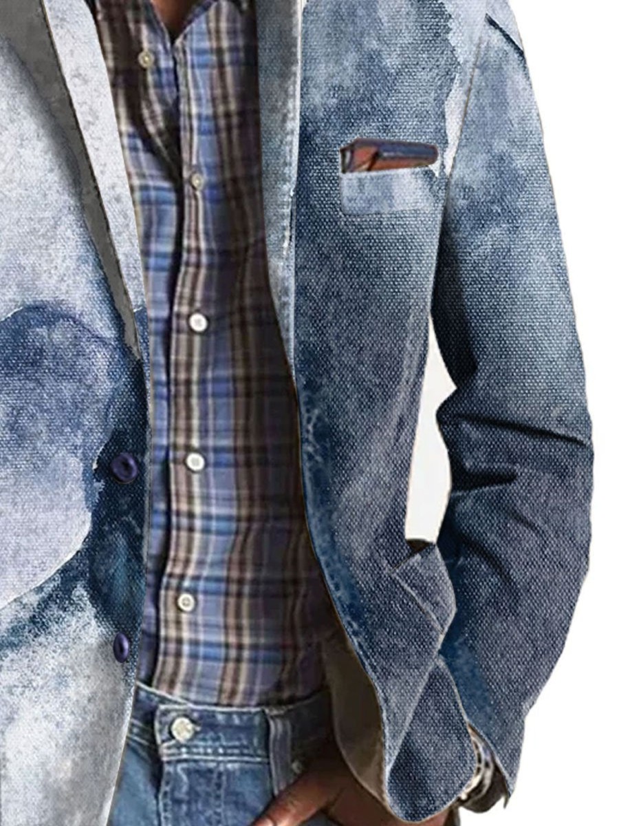 Men BXL Print Jacket | Men'S Retro Ink Gradient Print Casual Lapel Blazer Navy Blue