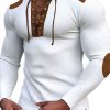 Men BXL Casual Shirts | Men'S Stand-Collar Lace-Up Waffle Suede Panel Long-Sleeve T-Shirt White